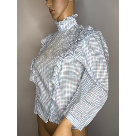 Vintage 1980s Stuart Lang Ruffle blue white Plaid High Neck Prairie Blouse small - Picture 8 of 16